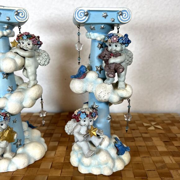 DREAMSICLES 7”Cherubs Candlesticks X2 BY DANBURY MINT Baby Blue w/ Stars Clouds - Picture 4 of 16